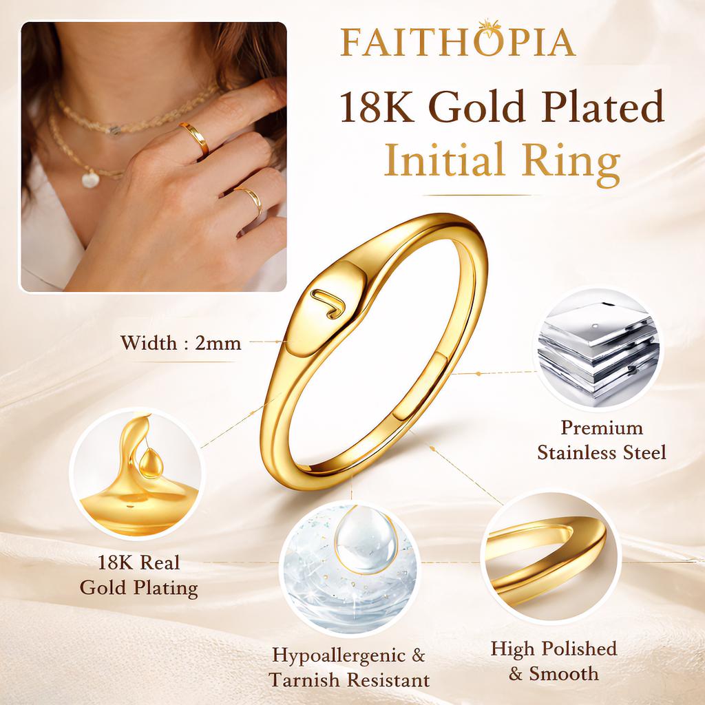 FAITHOPIA 18K Plated Gold Filled  Initial  Dainty Simple Letter Band  Signet Stackable Pinky Alphabet Thin Thumb  for Women Non Tarnish Size 7 ring
