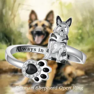 Adorable German Shepherd & Paw Adjustable Alloy Ring - Handmade Cute Dog Jewelry Gift for Pet Lovers, Openable Puppy Charm Band, Unique Animal Memorial Jewelry for Women/Men