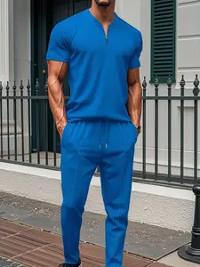 New Summer Men's Casual Waffle Solid Stand Collar Polo Short Sleeve with Drawstring Long Pants Set, Daily Wear, Menswear, Outfit, Clothes, Trouser