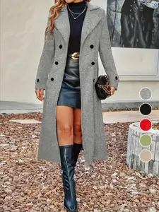 Women's Solid Double-Breasted Wool Coat, Elegant Long Coat for Autumn & Winter Wear