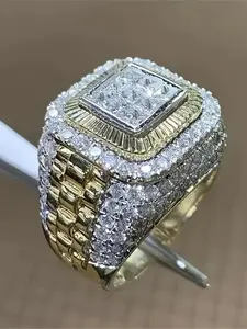 Luxurious Iced Out Men's Ring Two Tone Gold Silver Square Cubic Zirconia Bling Hip Hop Rapper  Ring Elegant Glittering Ring