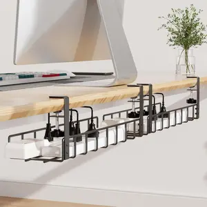 2 Pack Cable Management Under Desk Tray 31.4" No Drill Wire Organizer with Upgraded Clamp Metal Cord Holders for Desk PC Cable Management Rack Black