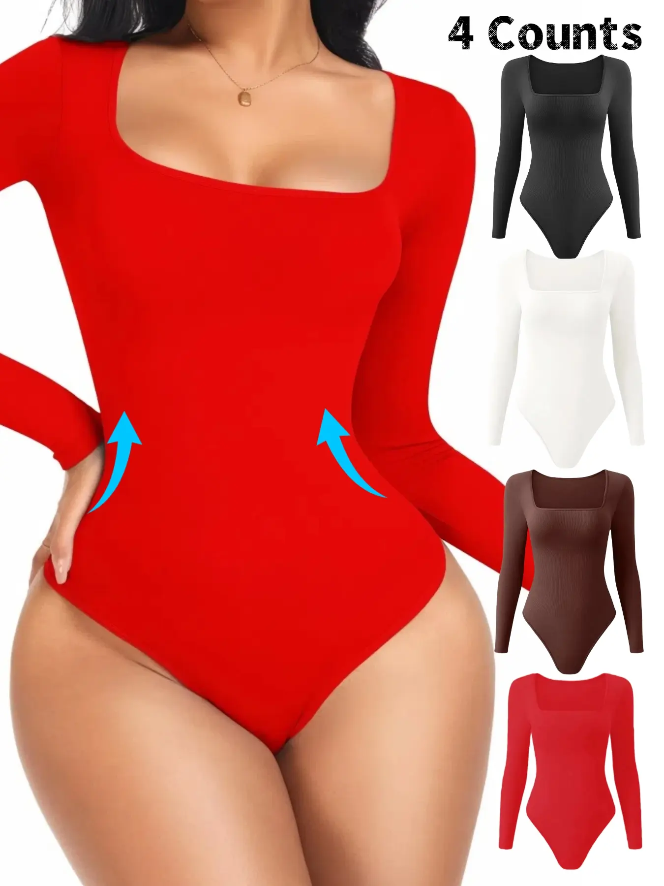 Women's Long Sleeve Shapewear Compression Smooth Bodysuit, Faja Shaper Bodysuit, Thong Design, Square Neck Slimming Firm Tummy Control, Abdominal Control Shapewear, Casual, Ladies Underwear & Shapewear, Women's Seamless Shapewear