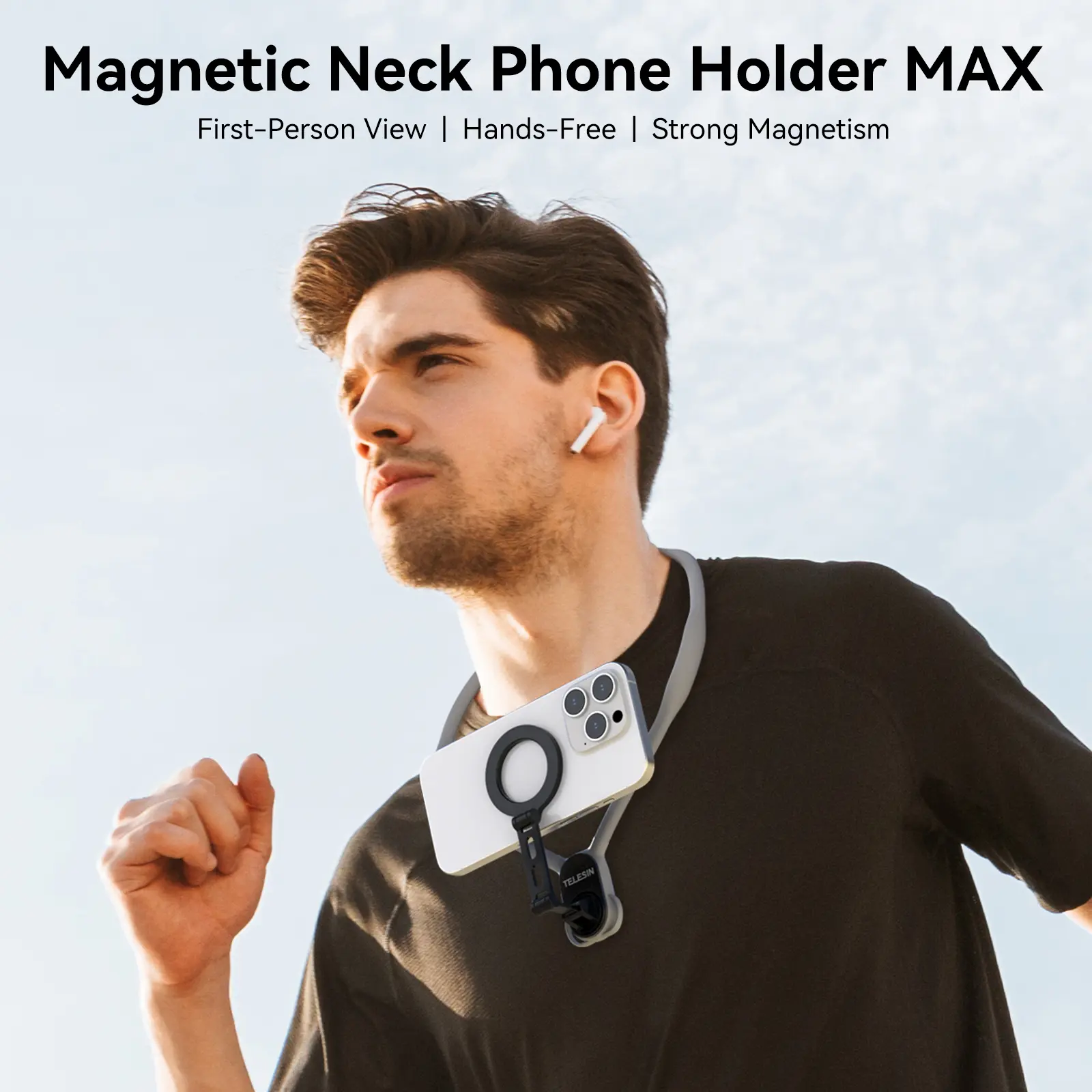 TELESIN Max Magnetic Neck Mount for Phones, POV/Vlog Neck Phone Holder w Fixing Chest Strap Selfie Mount Hand Free Phone Neck Holder Stand Video Recording for iPhone Android Phones (Gray), Compatible with iPhone 17