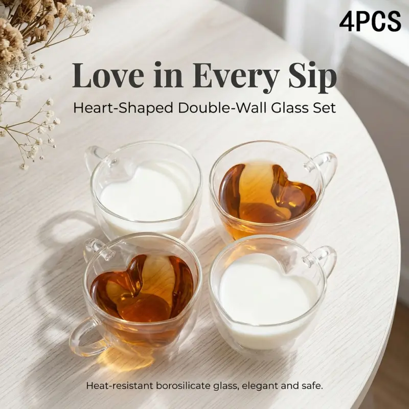 4PCS Heart-Shaped Double-Wall Glass Cup Set, Heat-Resistant Borosilicate Glass Mugs, Cute Insulated Coffee & Tea Cups for Hot & Cold Drinks, Glass Beverage Cups