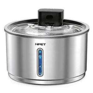 NPET Cat Water Fountain Stainless Steel, 1Gallon/135oz Battery Operated Automatic Pet Drinking Fountain with Water Level Window for Cats, Dogs -Wireless Version