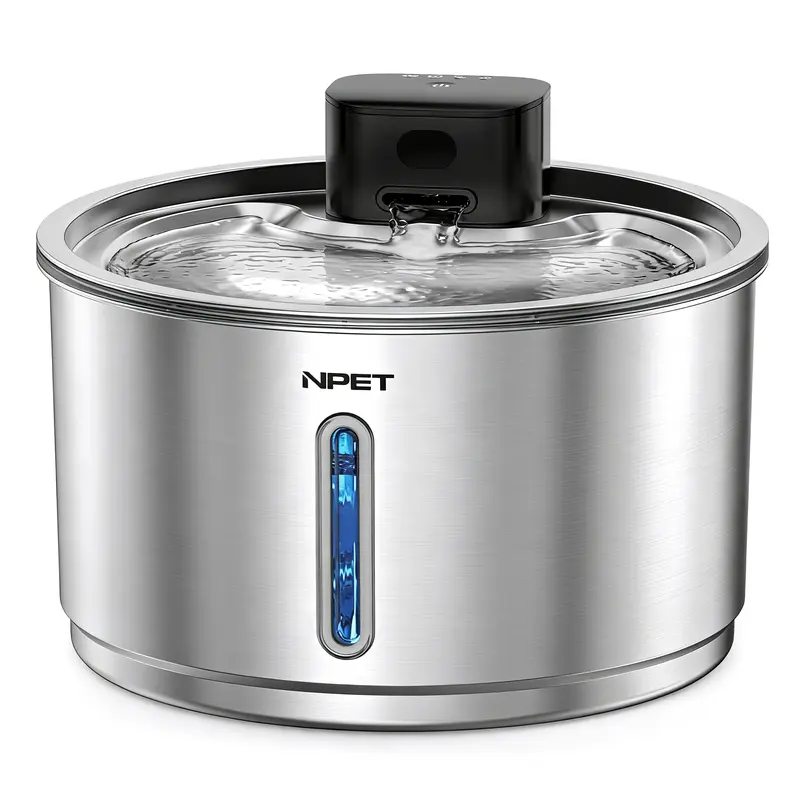 NPET Smart Stainless Steel Cordless Cat Fountain (Wireless Mode) - 1gal/135oz Capacity, 4000mAh Battery, Auto Sensor, Flow Control, Water Level Window, 3 Water Flowing Modes, Red Light Power Check, Power Outage Protection, Safe Operation, Bedroom Use