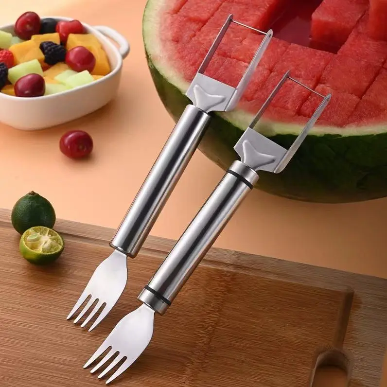 2-Pack 2-in-1 Stainless Steel Watermelon Fork Slicer Cube Cutter - Dual-Head Design, Round Handle, Portable Modern Kitchen Utensil for Fruit Cutting