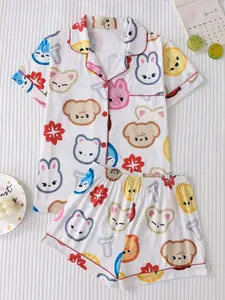 Women's Cartoon Print Short Sleeve Top & Shorts Pyjama, Casual Comfy Top & Shorts Pj Set, Ladies Sleepwear for All Seasons, Loungewear, Pajamas