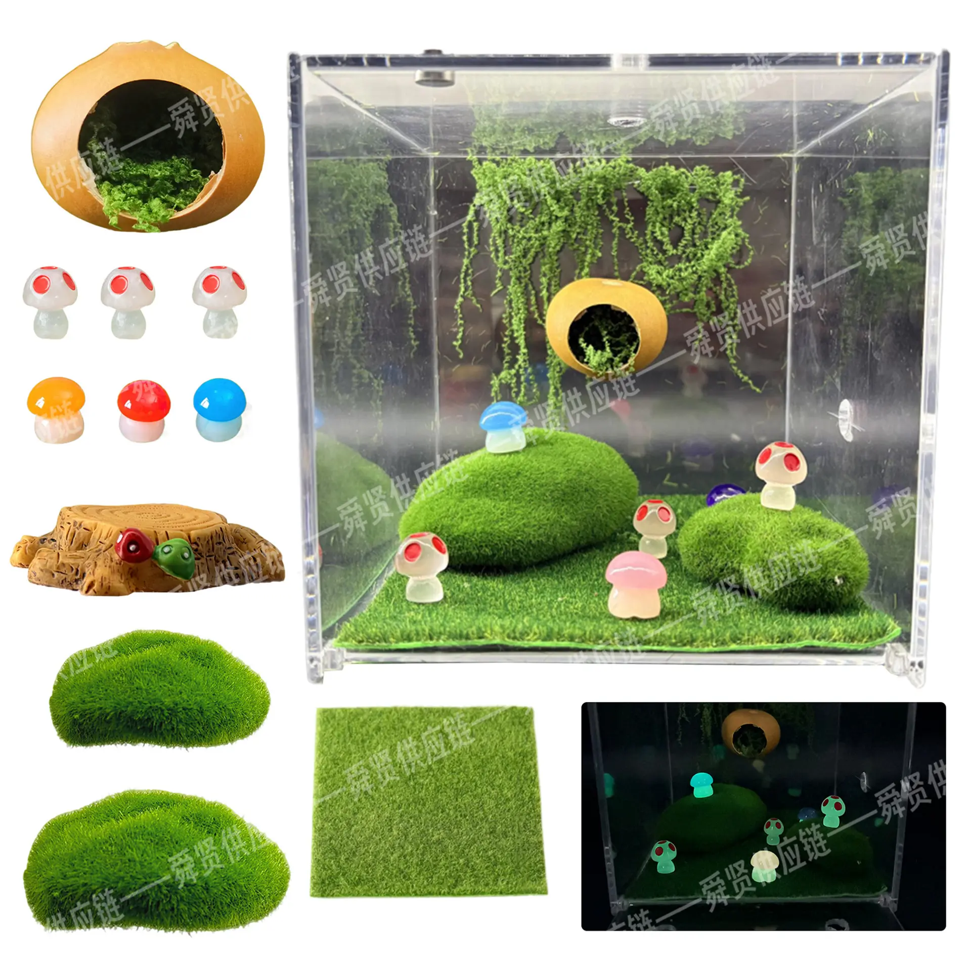 11-Piece Magnetic Jumping Spider Enclosure Ornaments Kit - Non-Toxic Resin Nut Shell Hideouts, Pastel Glow Accents, Smooth Green Moss-Lined Rocks, Glow Night View Decor for Space-Saving Reptile Tanks (Acrylic Case Not Included)
