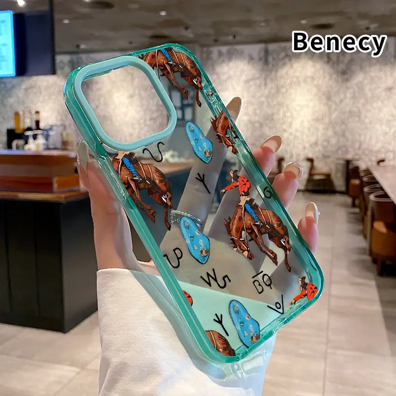 Phone Case for iPhone 16 Pro Max 15 Plus 14 13 12 11 Cowboy Turquoise Pattern Non-Yellowing Silicone Transparent Drop Protective Cover Cellphone Plastic Casing