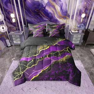 Aesthetic Comforter Set,Marble Bed in A Bag,7 Pieces Shiny Crack Fluid Golden Galaxy Abstract Bed Set,Black Dark Purple Bedding