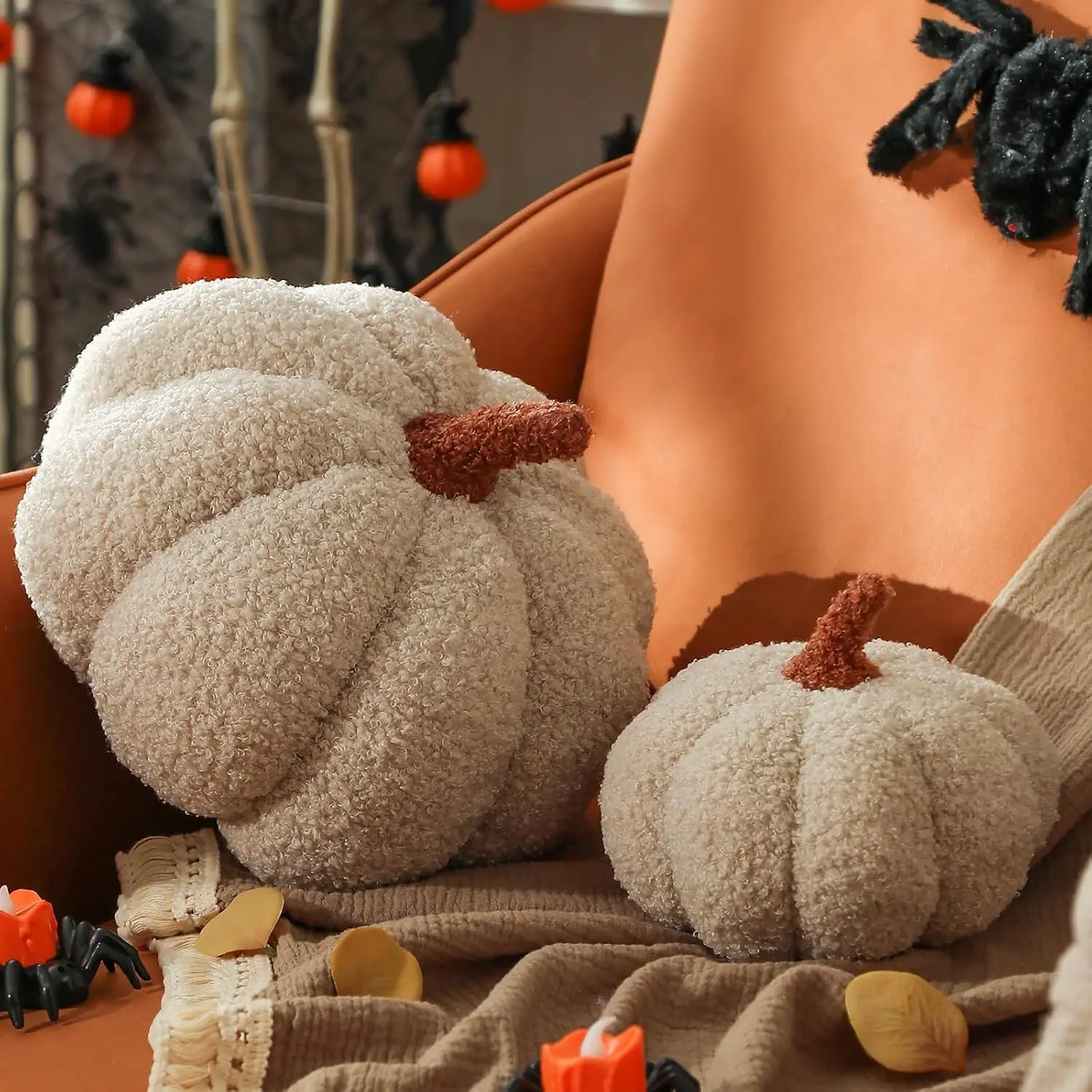 Pumpkin Pillows, Fall Pumpkin Pillow Set of 2,  Throw Pillows Room Halloween Decoration Gifts, Teddy Fleece 6x12&4x7 Inches Accent Cushion for Holiday, Friends