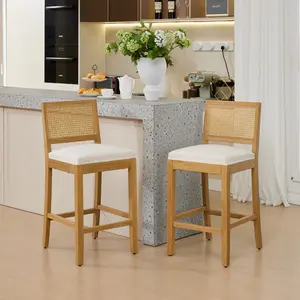 Solid Wood Bar Stools with Rattan Back, 38.6" Counter Height Bar Chairs with Linen Upholstered Seat, High-Density Foam & S-Springs,Farmhouse Kitchen Island Stools for Dining Room & Café