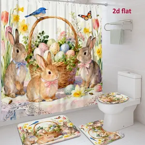 Jit 1/4pcs 2D Flat Bunny Shower Curtain Set, Spring Fanciful Basket Eggs Easter Pastel, Washable with Hooks, Bathroom Bathtub Curtains