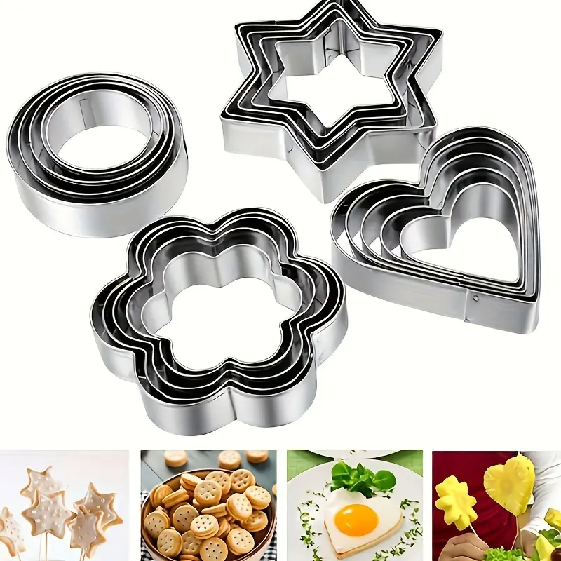12-piece Stainless Steel Cookie Mold, Flower, Round, Heart, Star Baking Molds, Suitable for Baking Cakes, Vegetables, Candies, Cookies, Ideal for Birthday Parties, Holiday Celebrations, Baking Supplies, Tools, Bakeware, Baking Accessories, Bakery Supplies