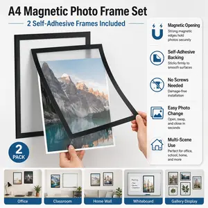 2 A4 Magnetic Self-Adhesive Frames, Wall-Mounted Plastic Photo Display Decor, Minimalist Style, No Screws Needed, for Photos & Whiteboards
