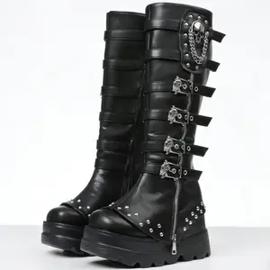 Black Platform Goth Knee High Boots for Women Wide Foot Friendly us6-12 size Studded Wide Mid Calf Combat Punk Boots Wide Foot Friendly Round Toe Skull Chain Buckle Chunky Heel Back Zipper Thick Sole Booties