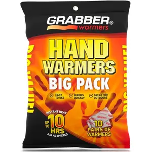 Grabber Hand Warmers - 10 Pair Pack, Air Activated, Up to 10 Hours of Heat, Odorless, Safe, Ideal for Skiing, Snowboarding, Hunting, Fishing, High-Altitude Hikes