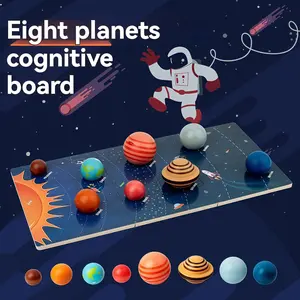 Montessori Wooden Solar System Galaxy 3D Puzzle Set, 8 Planets Cognitive Matching Board, Hand-Eye Coordination Toy, Early Education Kit