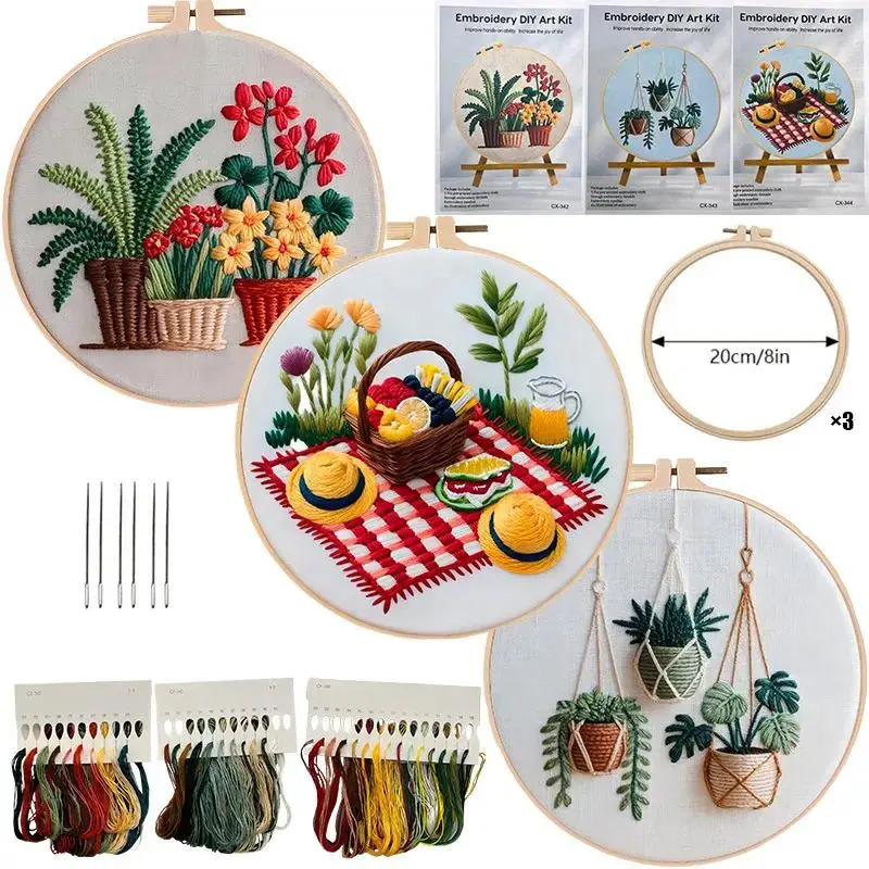 Christmas Flower Picnic Embroidery Hoop & Sewing Tool Kit - DIY Holiday Needle Crafts Kit with English Guide, Needlework Supplies for Beginners, Embroidery Hoop Kits