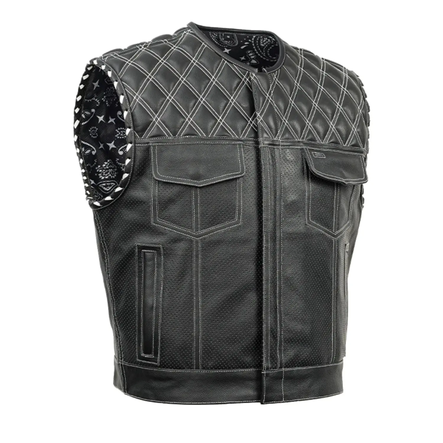 DANIEL SMART Men's Cowhide Leather Sleeveless Motorcycle Protective Vest, Perforated Lowcut Zipper Biker Gear for Summer, Available in 3XL, 2Xl