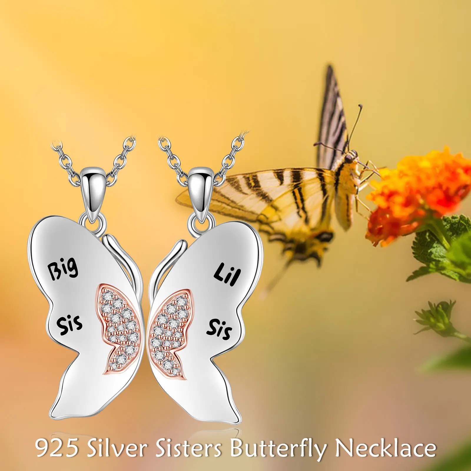 Sister Necklaces for Women 925 Sterling Silver Big Little Sister Necklace Butterfly Matching Necklace Set Jewelry Gifts for Women