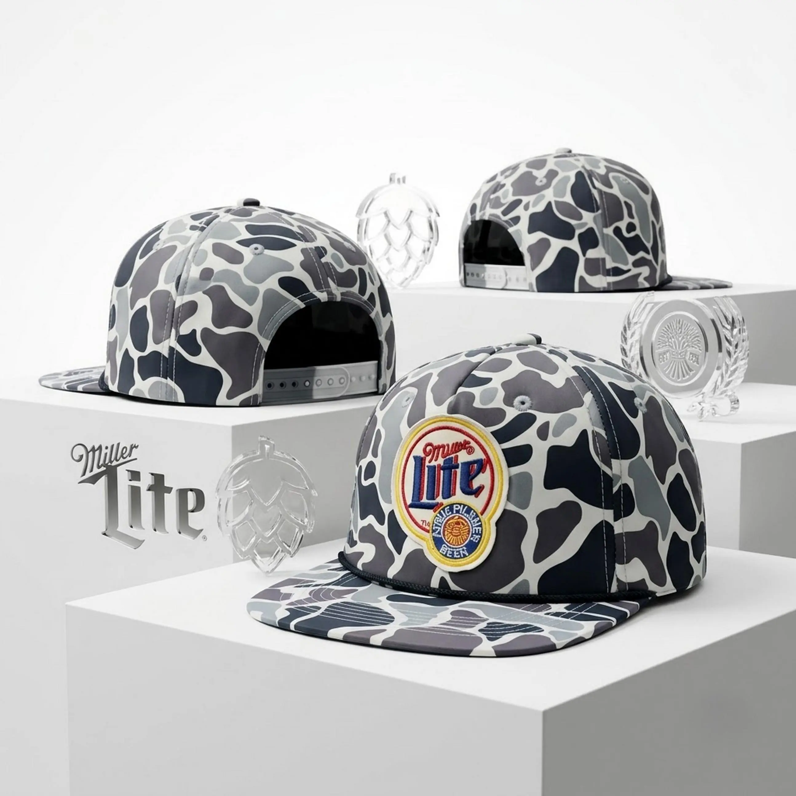 Miller Lite Camo Patch Hat, Vintage Beer Logo Embroidered Duck Camo Snapback Cap for Men, Retro Rope Trucker Hat, Adjustable Flat Brim Country Outdoor Baseball Cap, Blue Collar Streetwear Gift