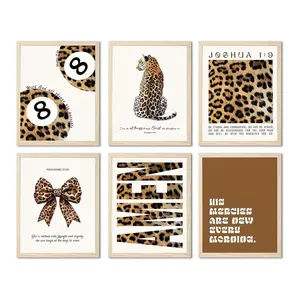 6pcs/set Brown Cheetah Leopard Bows Lucky 8 Ball Trendy Art Poster Aesthetic Coquette Girly Room Dopamine Decor Paint