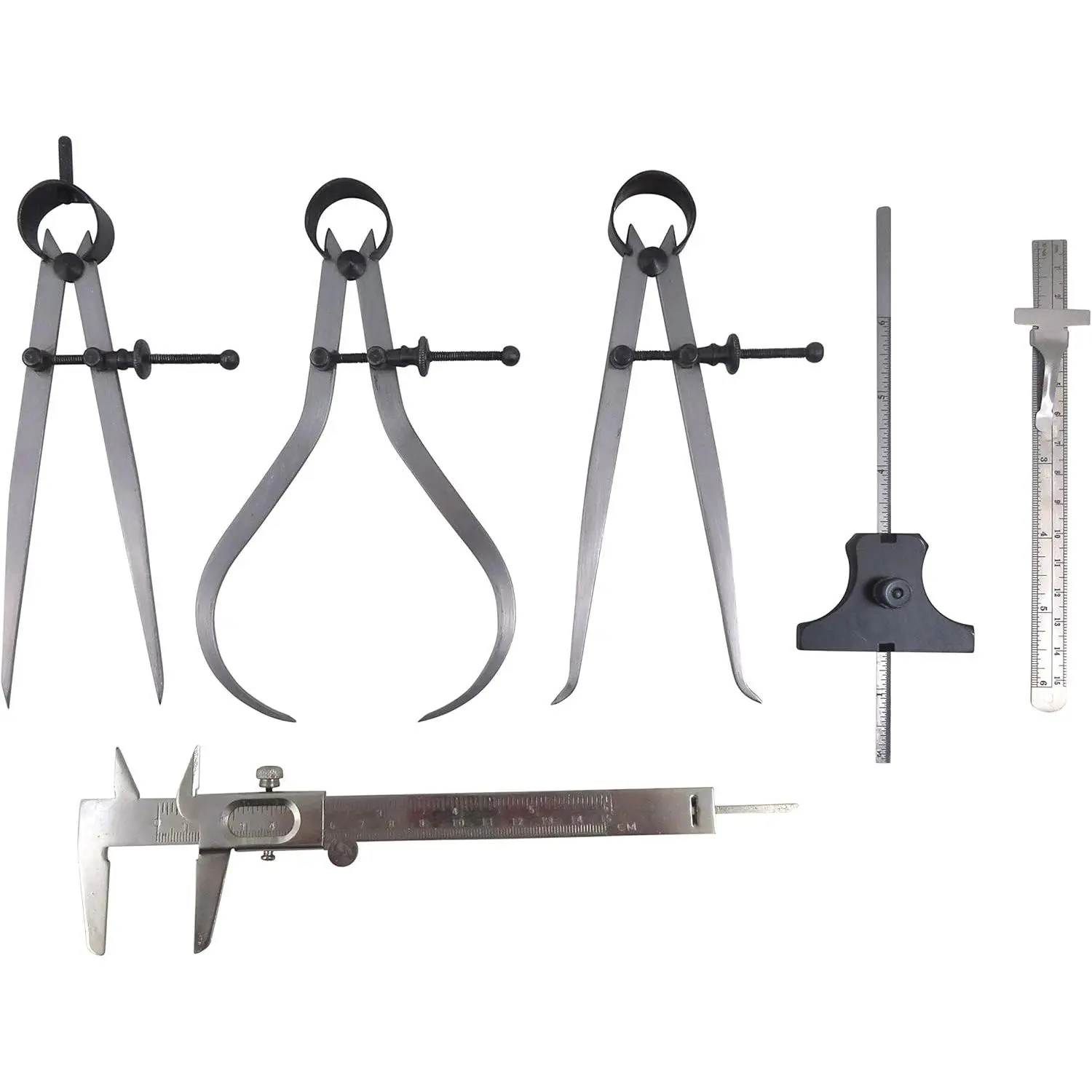 6-Piece Comprehensive Measuring Tools Set, Includes 6" Spring Dividers, Inside-Outside Calipers, Depth Gauge, Pocket Ruler, Vernier Caliper (Model 113500)