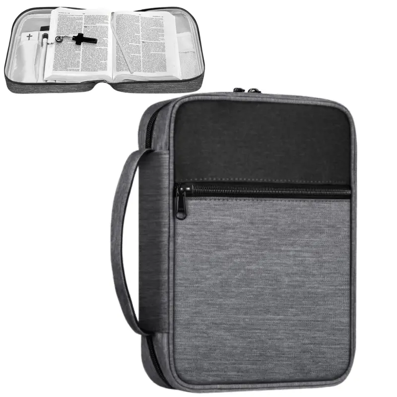 FINPAC Men's Polyester Bible Cover - Metal Zip Carrying Case, Holds 11"x8" Item, Front Organizing Pockets, Pen & Prayer Card Holder, Handle, Quick Wipe Clean, for Bible Study, Family, Perfect Gift