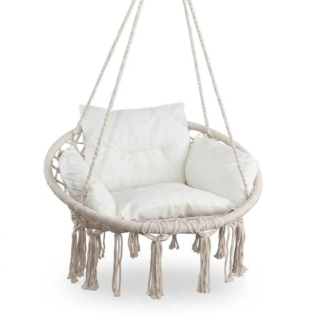 Handwoven Cotton Macrame Hanging Chair - Stable, Modern, Extra Wide Deep-Seat Hammock Swing with Cushion, Complete Ready-to-Hang Kit, Indoor-Outdoor Use (Bedroom, Garden) - Boho Charm, No Assembly Required