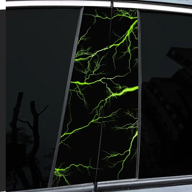 2-Piece green lightning-themed B-pillar car decorative sticker, Cool car decoration, durable vinyl, semi-matte finish, easy to attach, perfect for glass and metal surfaces, as well as laptops, helmets, motorcycles