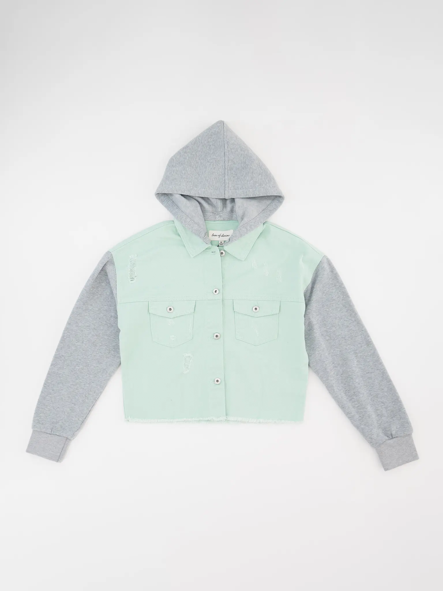 LOVE OF DENIM Women's Distressed Cropped Cotton Twill Jacket with Contrast Fleece Sleeves & Removable Hood, Featuring Raw Hem