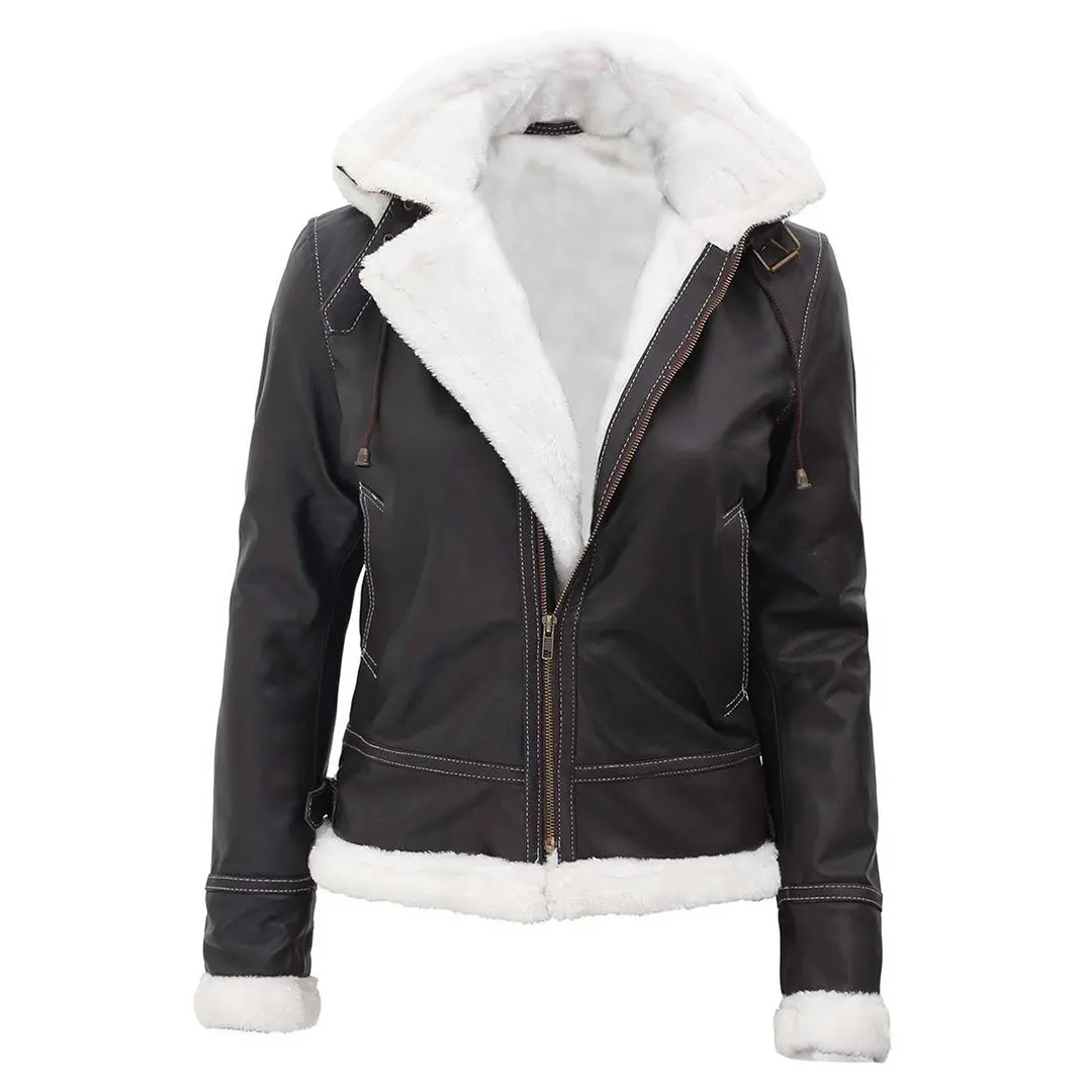 Mary Women’s B3 Bomber Brown Shearling Hooded Leather Jacket