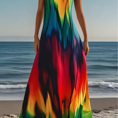 Women's Plus Size Sleeveless Dress, Multi-Color Tie-Dye Print, Pockets Design, Casual Loose Fit, Comfortable Home Clothing, Casual Comfy Nightdress, Casual Nightwear