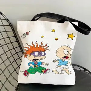 cute R-Rugrats Rugratg Gowilds Anime Storage Bags Canvas Double-Sided Print Tote Bag Casual Commuter Bag Large Capacity Shoulder Students Festive Fashion Eco Outdoor Picnic Travel High Quality Shopping Handbag Machine Washable Foldable Reusable