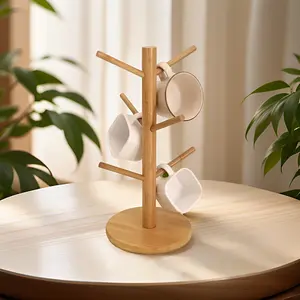 Multi-Functional Hanging Cup Rack, Tree-Shaped Bamboo Wood Holder, Key Organizer, Watch Display, Holds 5-6 Cups, Natural Wooden Style