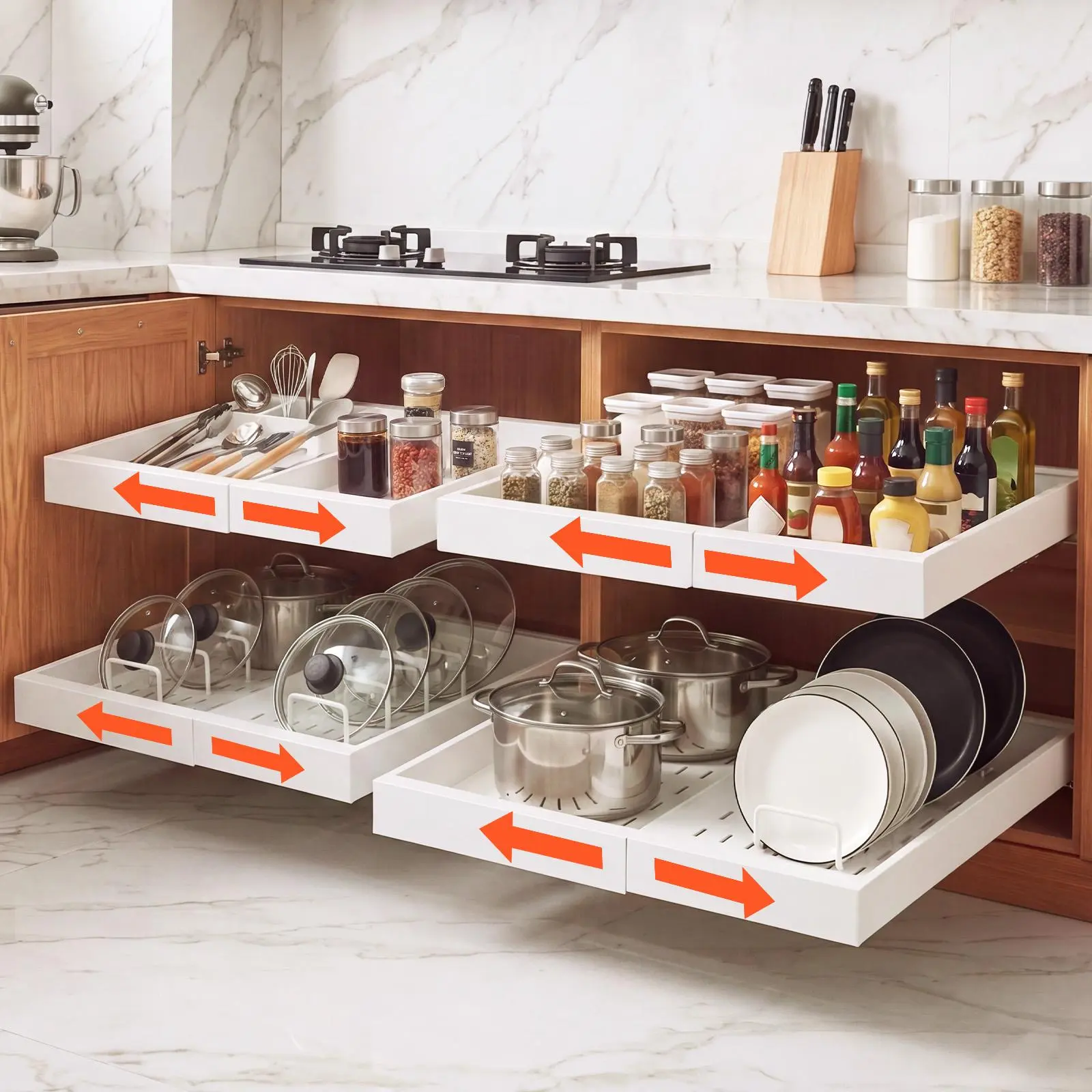 VEVOR Pull Out Cabinet Organizer, 4 Pack Expandable Width (12.2"-18.9"), 20.47" Deep Pull Out Drawers for Cabinets, Sliding Drawer for Kitchen Pantry Cabinet Organizer with Nano Adhesive Strips, White