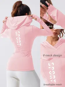Women's Sporty Hooded Sweatshirt, Athletic Hoodies, Slim-Fit Long Sleeve Yoga Running Fitness Top, Breathable Mesh Patchwork V Neck Pullover, Sportswear Sweatshirt