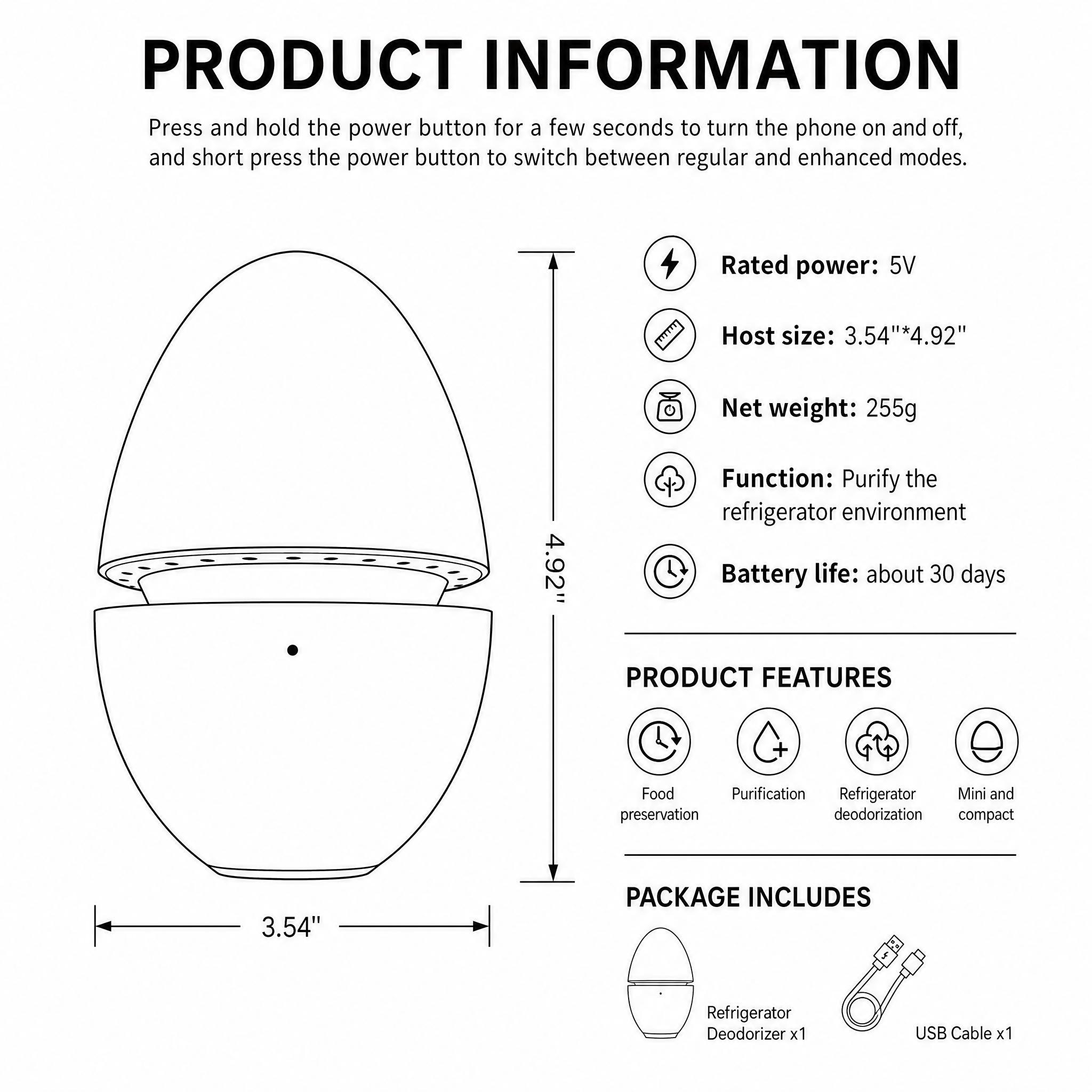 1 x Fridge Deodorizer Egg - USB Rechargeable Portable Purifier with Safe Food-Grade ABS Shell, Safety Design, USB Charging Cable, Original Gift Box, Eco-Friendly Compact Size, Extends Food Freshness, Eliminates Cross Smells for Produce Dairy Leftovers