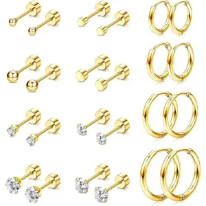 CASSIECA Multiple Piercing Jewelry Set, Surgical Steel Small Hoops, CZ Ball Dot Flat Back Tiny Cartilage Studs for Daily Wear