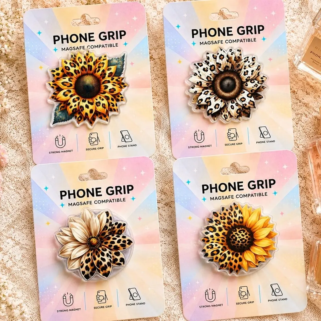 Leopard Flower MagSafe Phone Grip – Flat Floral Magnetic Phone Holder & Kickstand – Aesthetic Phone Accessory