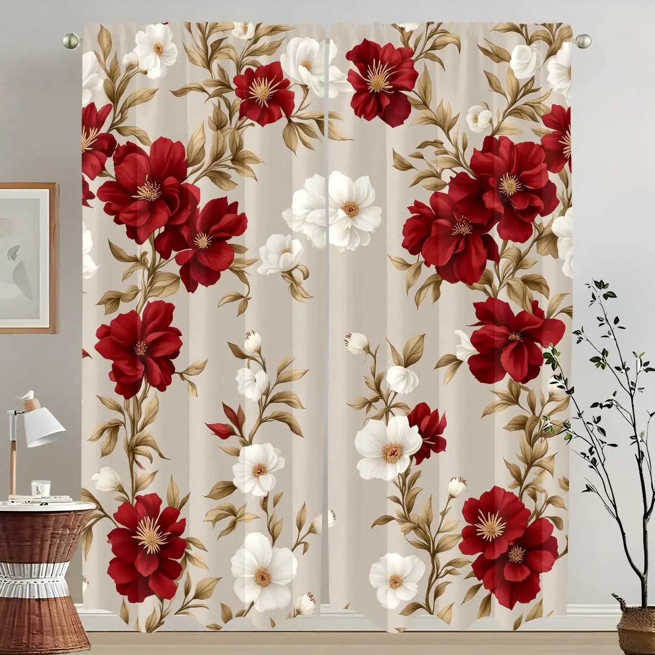 2pcs, Pocket pole installation, red and white camellia printed curtains, 100% polyester material, wear-resistant and wrinkle resistant, suitable for bedroom, living room, dining room and other spaces, Home Decorative Curtain, Home Decoration Curtain