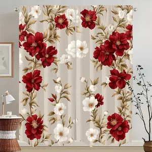 2pcs, Adopting pocket pole installation, red and white camellia printed curtains, 100% polyester material, wear-resistant and wrinkle resistant, suitable for bedroom, living room, dining room and other spaces, Home Decoration Curtain