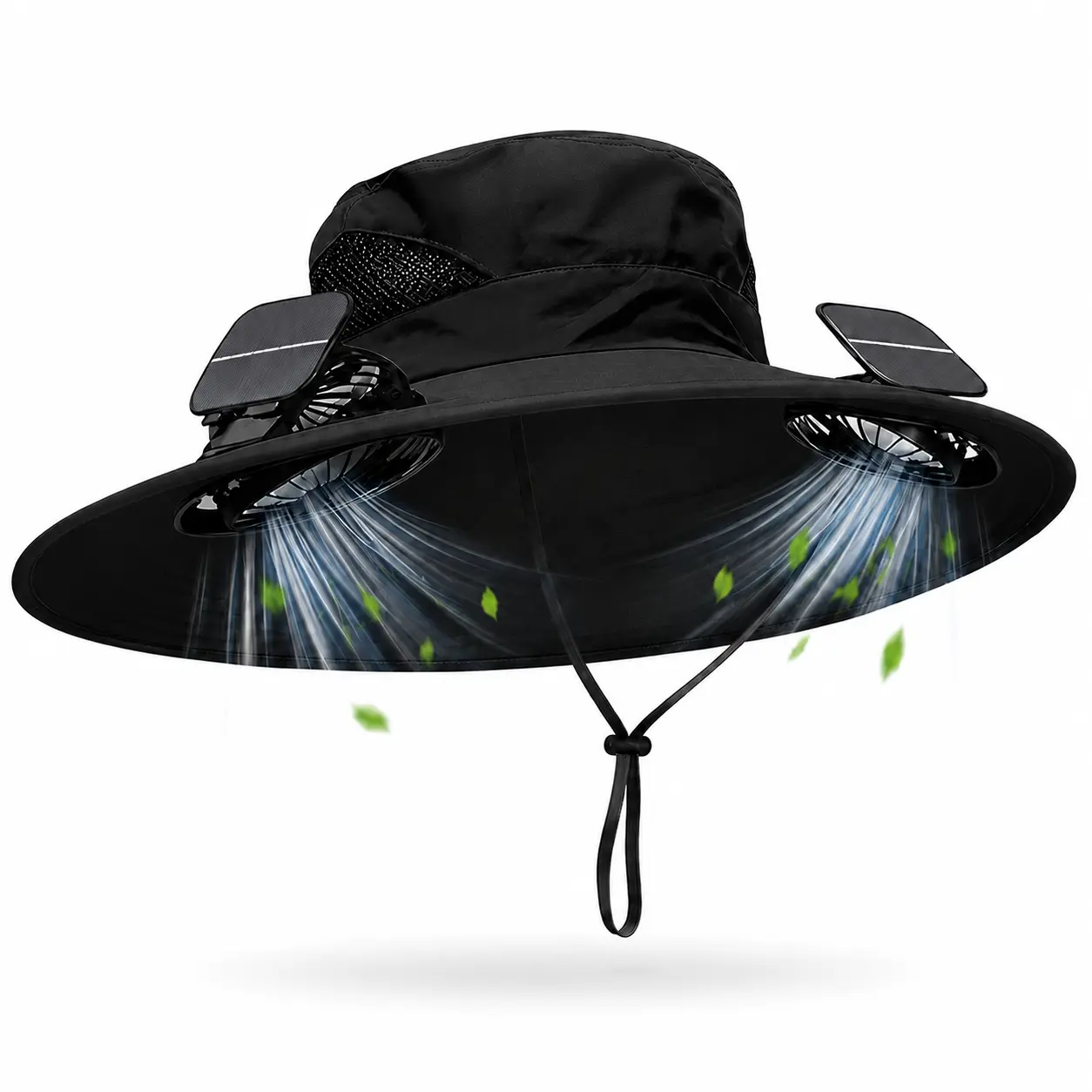 Solar-Powered Cooling Dual-Fan Wide Brim USB Rechargeable Breathable Bucket Hat with Chin Strap for Men, Fishing, Gardening (hat with fan)