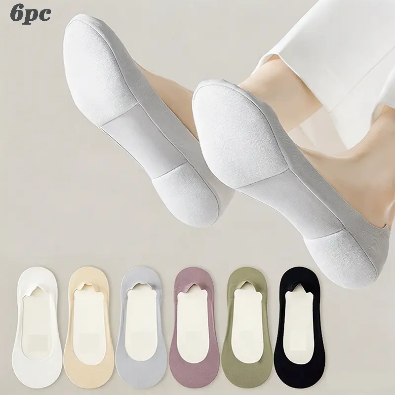 Women's Basic 6-Pair No-Show Socks Set - Summer Ice Silk Fabric, Soft, Breathable, Sponge Sole, Non-Slip, Shock-Absorbent, Sweat-Absorbent, for High Heels & Flats, Ideal for Home Casual Wear & Gifting