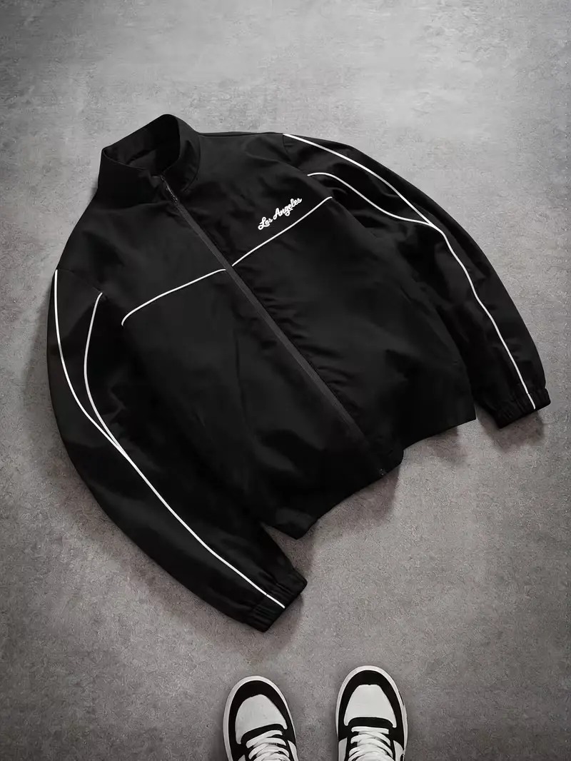 Men's Lightweight Stand Collar Jacket, Los Angeles Letter Print Contrast Stripe Zip Up Track Jacket, Casual Loose Fit Long Sleeve Streetwear Windbreaker for Everyday Wear, Travel, Outdoor Activities, Sports, Spring and Fall, Unisex Fashion and Daily Style