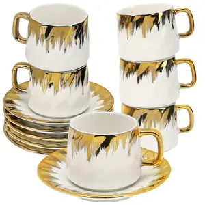 [Small Size] Coffee Cup Set of 6 with Saucers, 3.2 OZ Ceramic Espresso Cups Set, Gold Trim Turkish Coffee Cup Gift for Cappuccino, Latte, Cafe Mocha and Tea, Dishwasher & Microwave Safe
