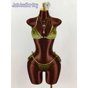 2pcs Women's Beaded Embroidered Triangle Cup Bohemian Style Backless Crop Top, Green Sexy & Avant-Garde